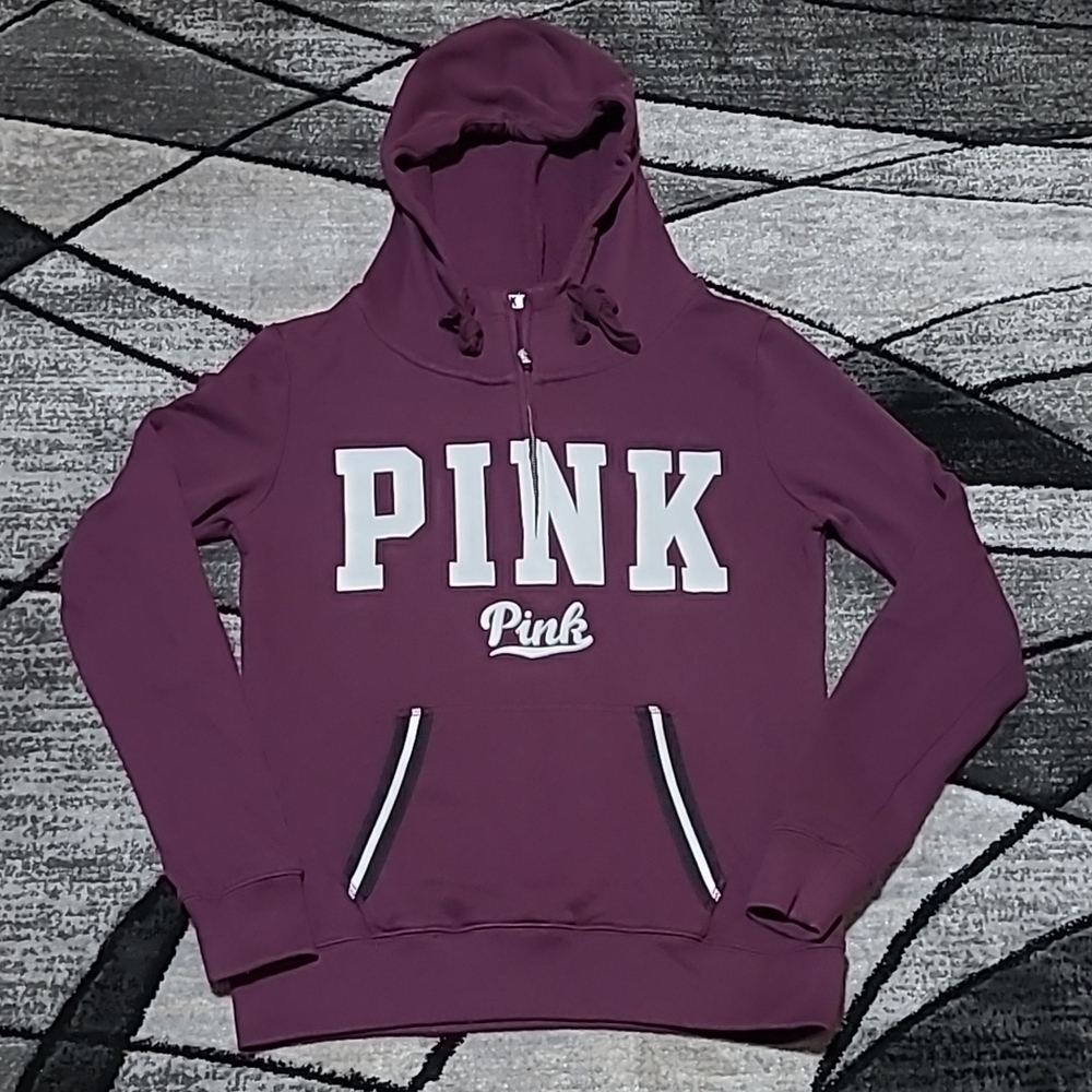 VS PINK 2015 LOGO MOCK-NECK QUARTER-ZIP HOODIE SWEATSHIRT